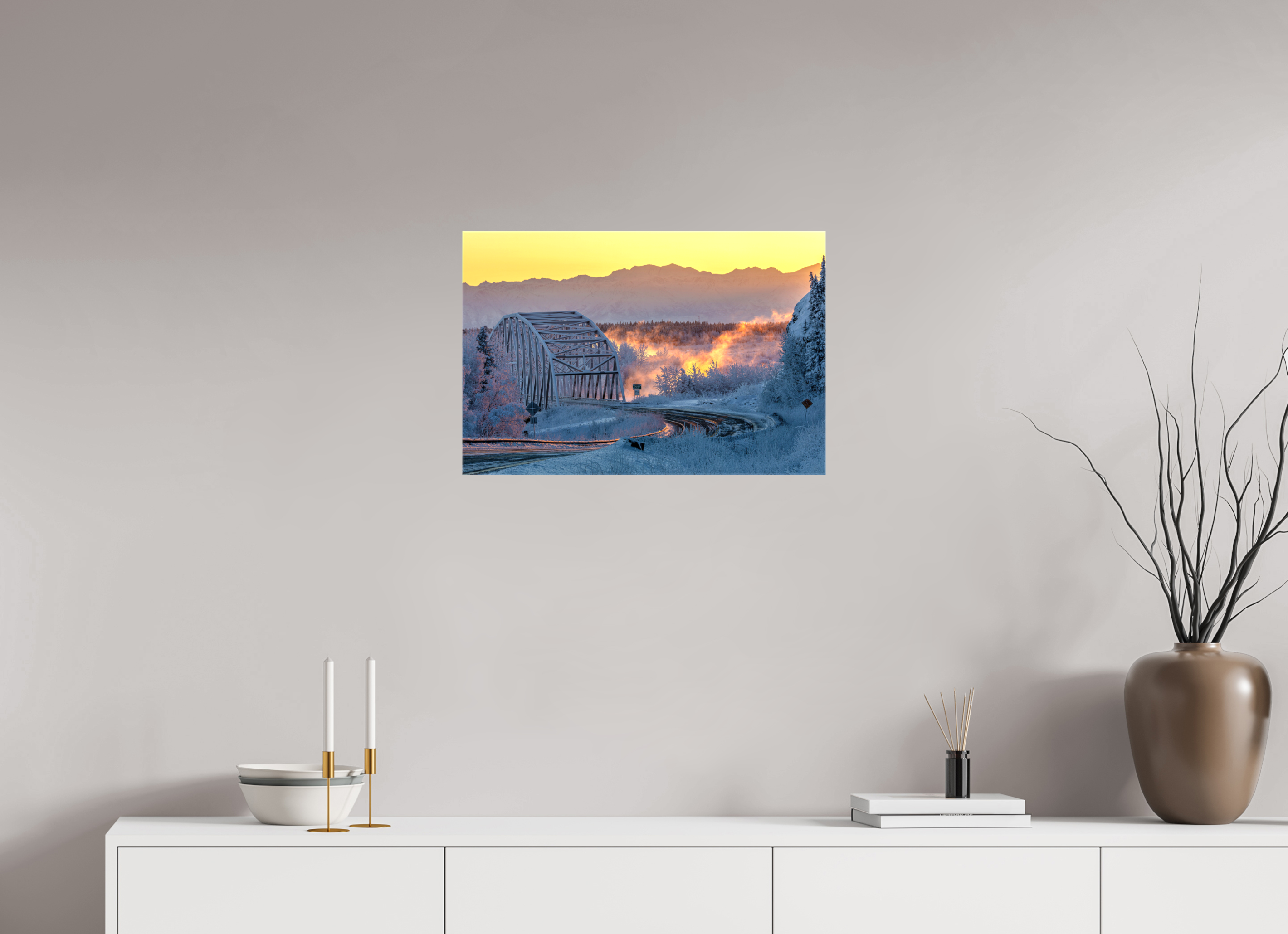 24 x 16″, Glossy Canvas Frozen Sunrise at Big Delta Bridge