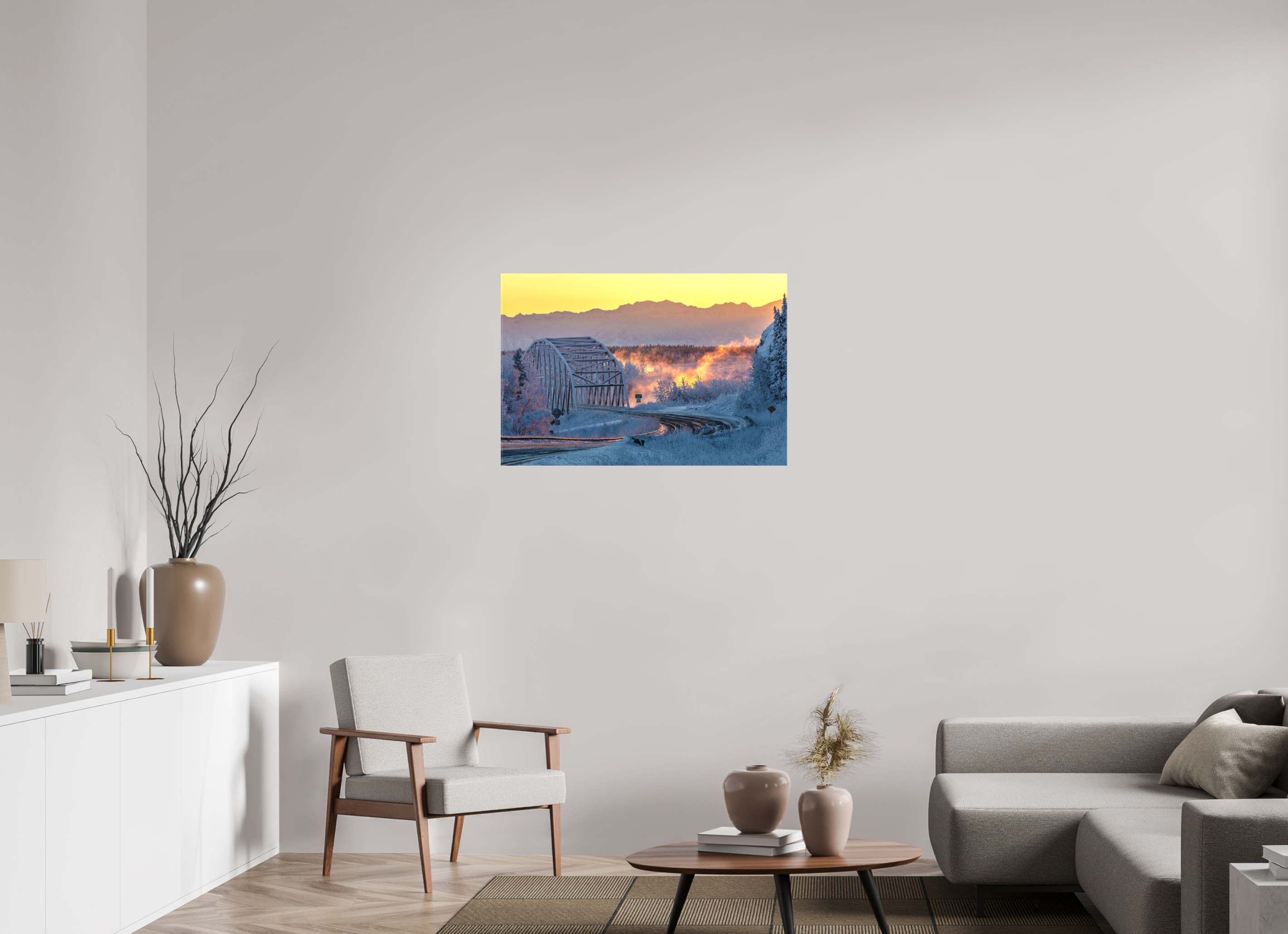 36 x 24″, Matte Canvas Frozen Sunrise at Big Delta Bridge