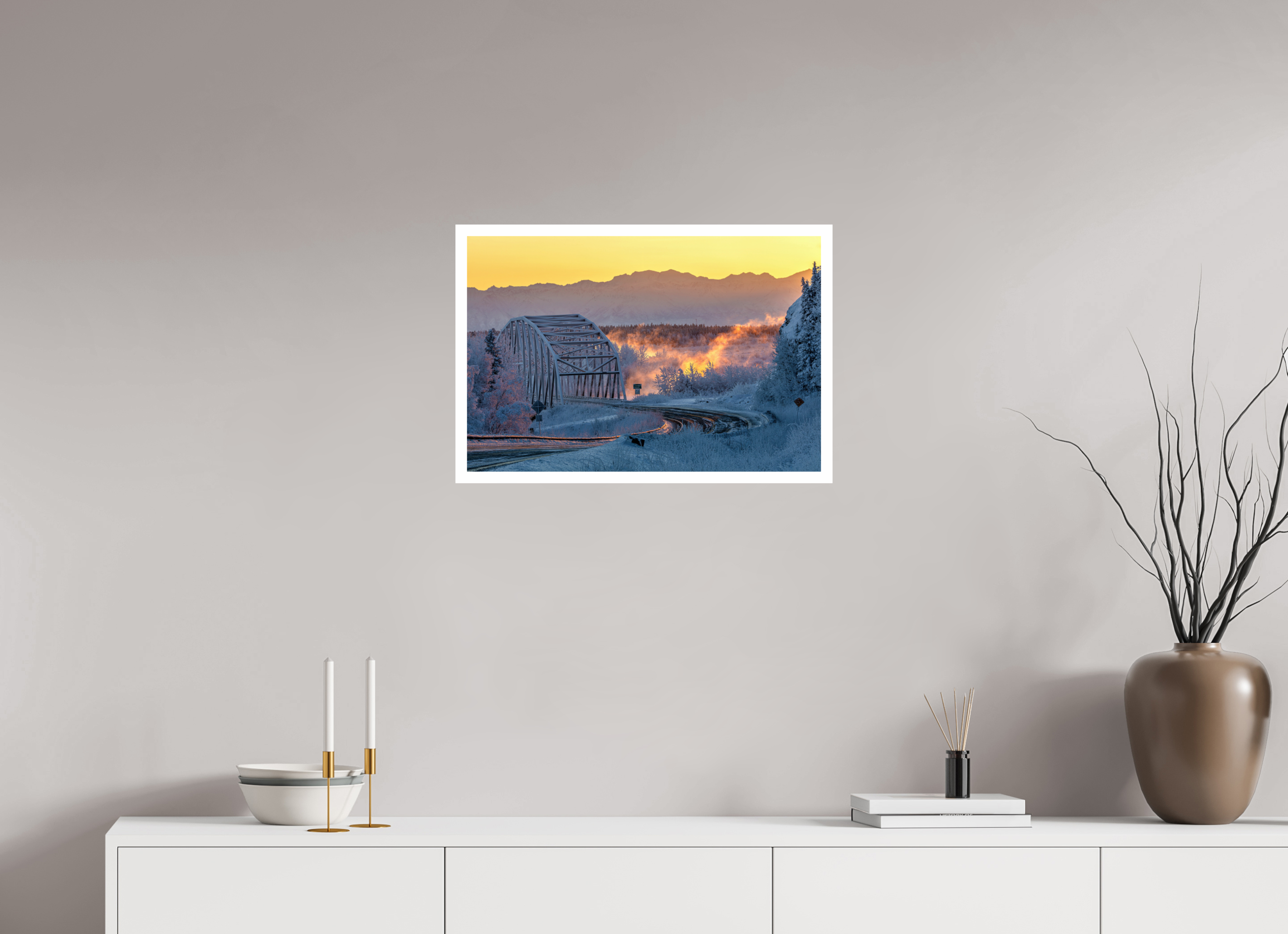 24 x 16″, Metallic Paper w_border Frozen Sunrise at Big Delta Bridge