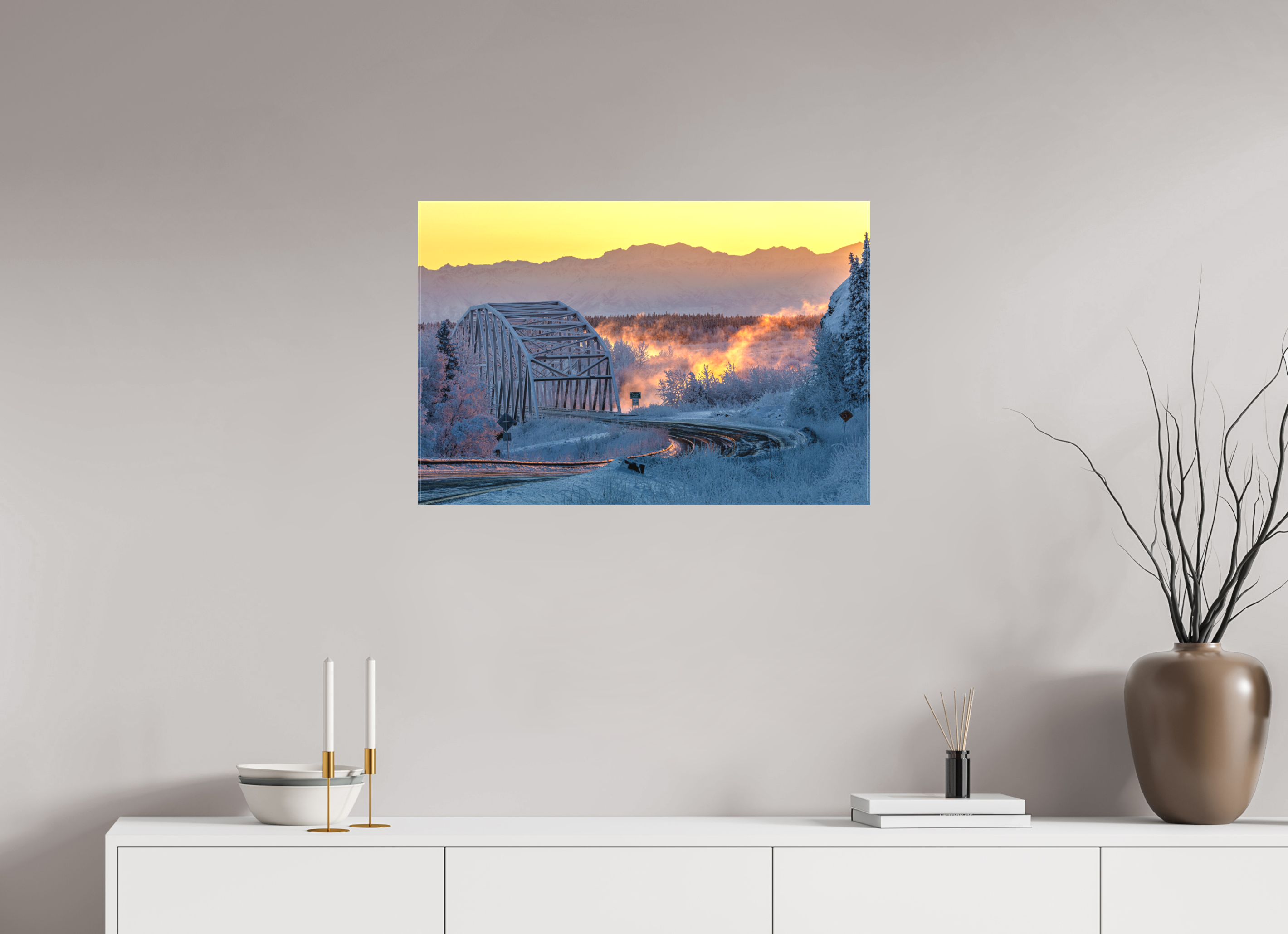 30 x 20″, Matte Canvas Frozen Sunrise at Big Delta Bridge